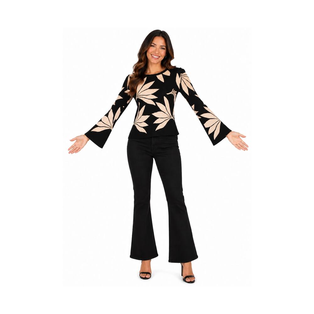 Premise Sweater Womens Size S Black White Leaf Print Knit Pullover Long Sleeve